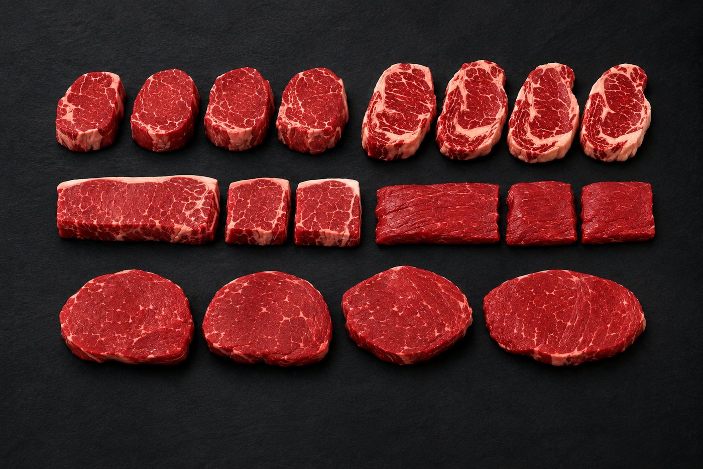 Twenty premium steaks arranged on slate: filet mignon, ribeye, New York strip, flat iron, and top sirloin