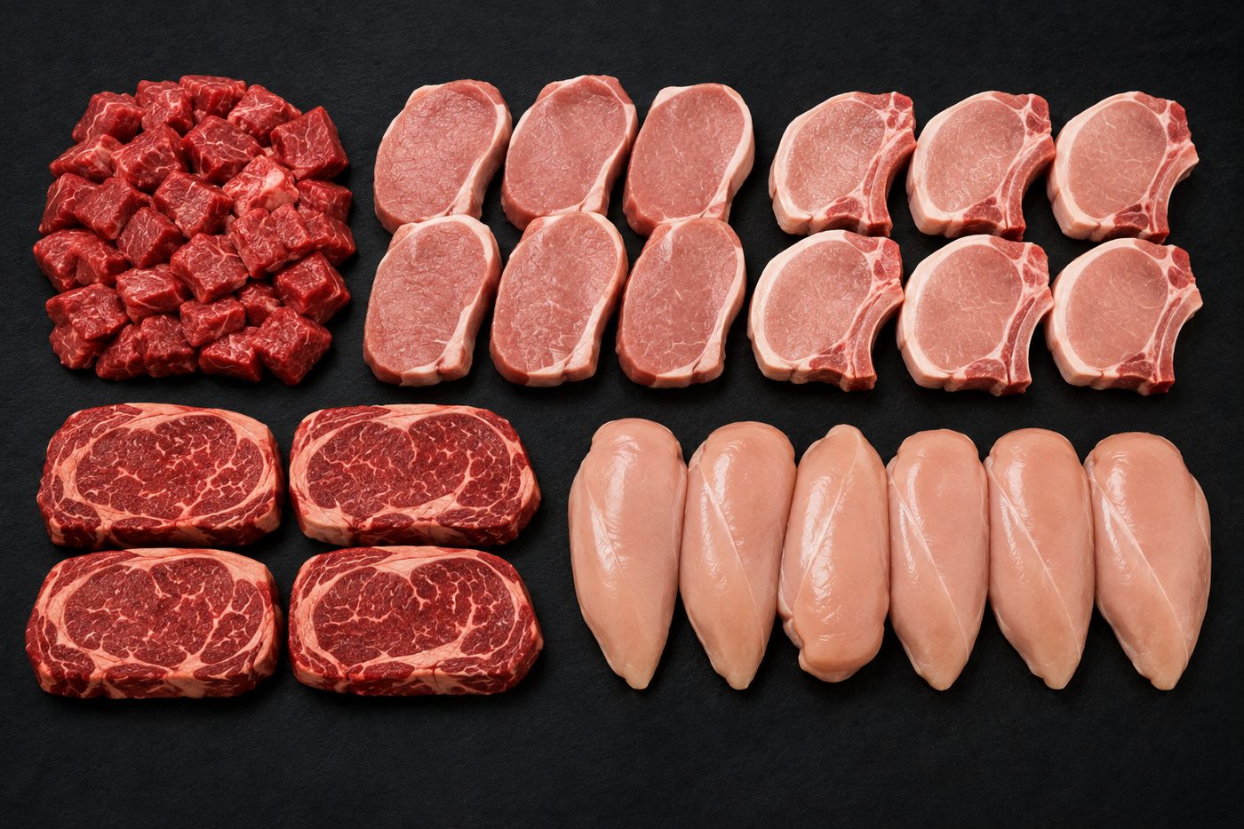 Freezer Filler Box contents: beef stew cubes, boneless and bone-in pork chops, Angus ribeyes, and chicken breasts laid out on slate