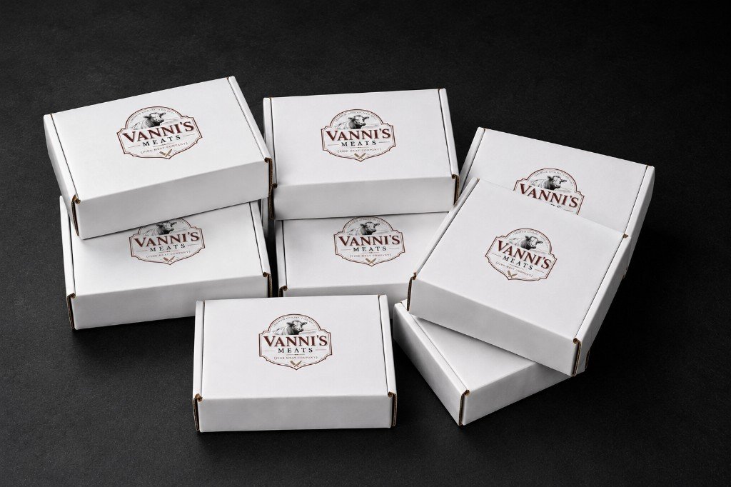 Branded white Vanni's Meats shipping boxes ready to ship